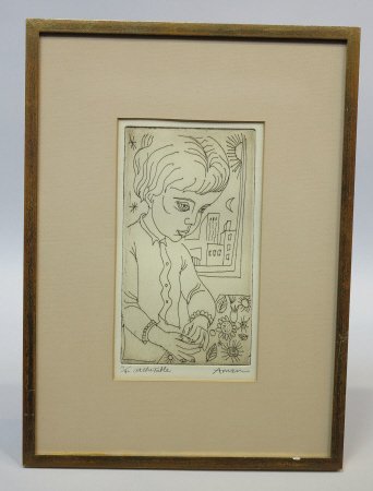 AMEN, IRVING (AMERICAN, 1918-2011): Etching. "At the Table." Pencil signed, titled, numbered 19/90 below. Measures: 9 1/2 x 5 1/4" sight.