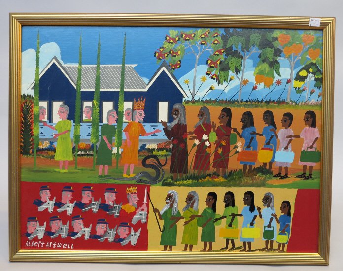 ARTWELL,ALBERT (BORN 1942,JAMAICAN): Oil on board. Depicting field workers, carrying baskets on their heads, having a encounter with the king and his army with the field workers, signed lower left Albert Artwell. custom Framed 18" H x 24