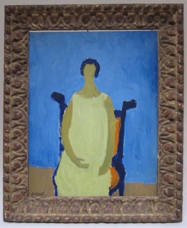 DE GROOT, NANNO (1913-1963, Dutch):: Oil on masonite. Depicting a woman in a green dress seated in a blue chair. Signed lower left de Groot. 18" H x 14" W Provenance: From a Fine Chappaqua,Ny Home