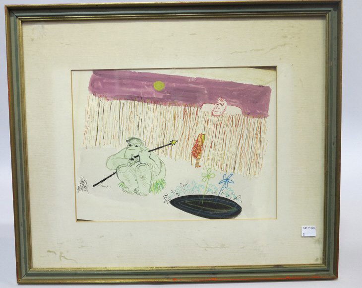 FEIFFER, JULES RALPH ( BORN 1929, AMERICAN): An original mixed media cartoon illustration depicting cavemen. signed lower right Jules Feiffer. 9" H x 12" W