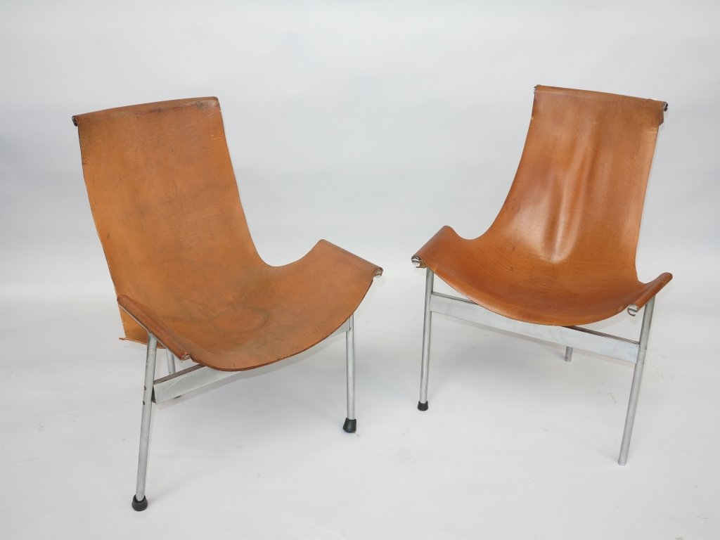 PAIR "T" CHAIRS: A pair mid 20th century modern leather "T" chairs designed by William katavolos,Ross Littel and Douglas Kelley for Laverne International. Model No#3LC. The saddle brown leather sling seats on chrome p