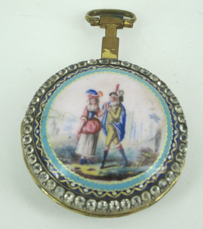VERGE POCKET WATCH: A late18th Century Swiss metal enameled verge pocket watch. The white enamel face with key wind and Arabic numerals and signed Freres Wifs & Menu, under a crystal front cover having a paste decorated