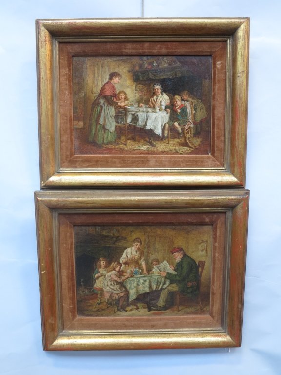 WRIGHT, ROBERT W. (BRITISH, fl.1880-1906): Pair of oils on panel. Genre scenes with family groups around the table. Signed dated 1887 lower left and right. Each 10.5 x 14.25."