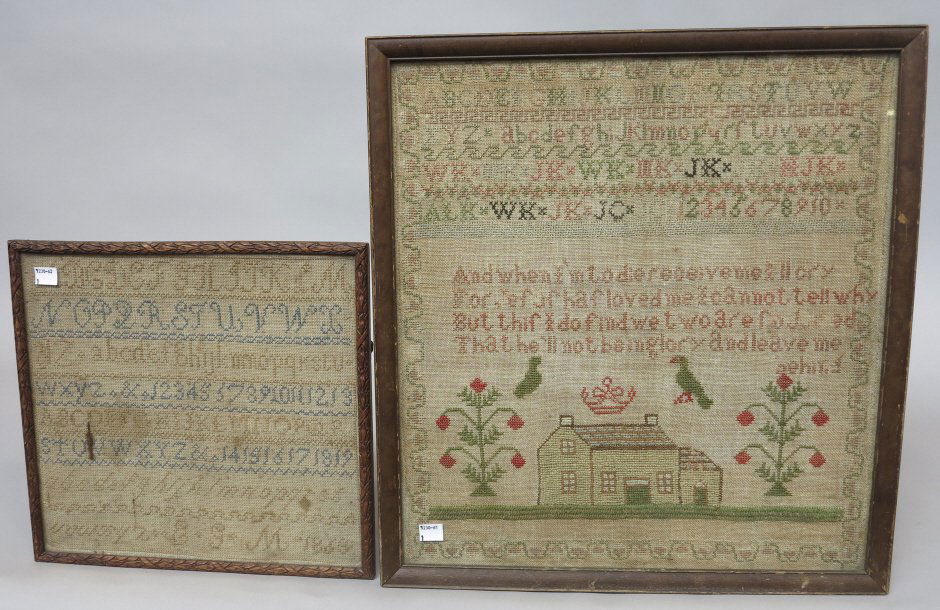 TWO SAMPLERS: The larger depicting a house and two birds (one unfinished), and trees along with a personal inscription. 17.5 x 16.25." Along with a 19th c. sampler with letters and numerals. 11.5 x 12.25."