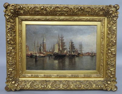 FERGUSON, HENRY AUGUSTUS (AMERICAN, NY, 1842-1911): Oil on board. Ships in the Venice canal after the rain. Signed lower left and on verso with title. 14.5 x 21.5." Christies and Wallace Gallery, East Hampton labels on verso.