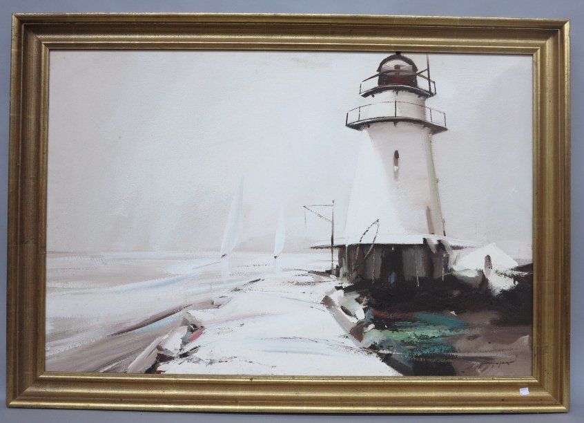 GRUPPE, CHARLES C. (AMERICAN, CT, b.1928): Oil on board. White lighthouse and sailboats. Signed lower right. 34 x 50."