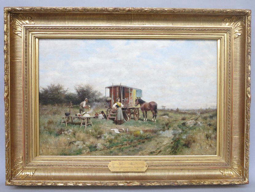 THOMPSON, ALFRED WORDSWORTH (AMERICAN, 1840-1896): Oil on canvas. "The Gypsy Caravan." Signed, dated 1895 lower left. Plaque on the frame. 18.25 x 27.25." Relined. The Wallace Gallery, East Hampton, Roger King, Newport, and Quest Royal Fine Art, NY la