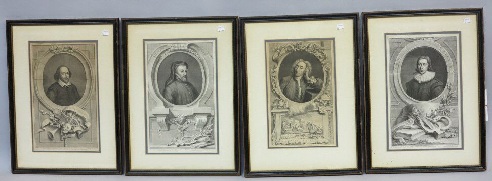ENGRAVINGS: A group of four 18th century continental black and white book plate portrait engravings. depicting John Milton, Shakespeare, Alexander pope and Chaucer. each identically matted & mounted in ebonized f