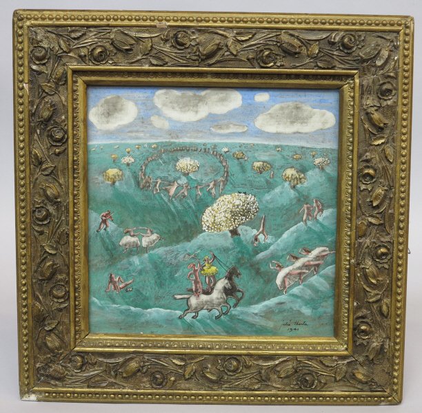 THECLA,JULIA (896-1973, AMERICAN ): Gouache on paper Titled: "spring Dancers" on verso. signed lower right Julia Theca & dated 1941. Provenance: Albert Roullier Art galleries, Michigan Boulevard, Chicago , Bears label onverso. 10.25" X 