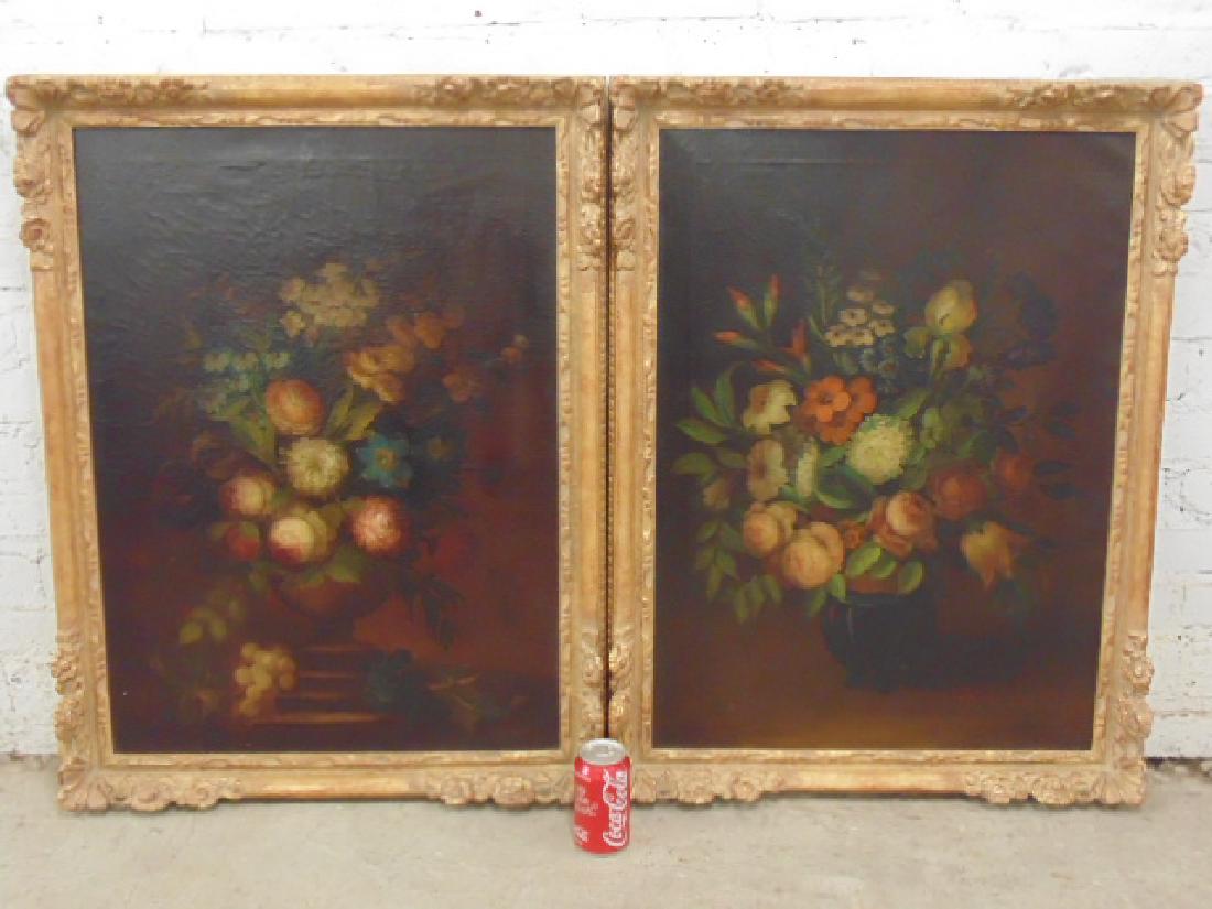 Pair oil canvas floral stillifes, signed J. Sowinski (1 of 7)