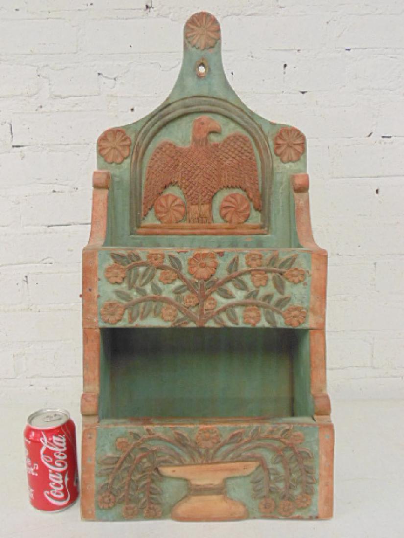 Carved wood wall box in green & red paint (1 of 6)