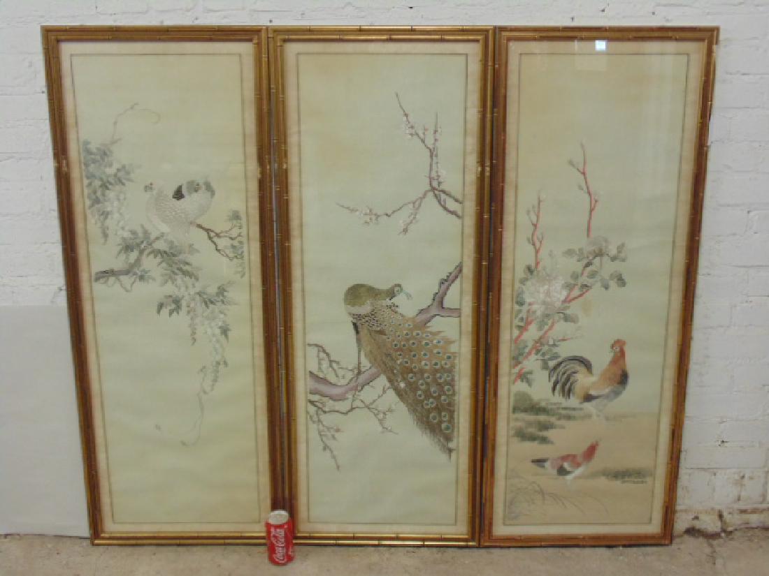 3 Asian silk needlework scenes with birds (1 of 10)