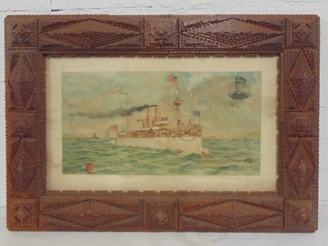 Tramp Art frame with early print "USS Maine" (1 of 10)