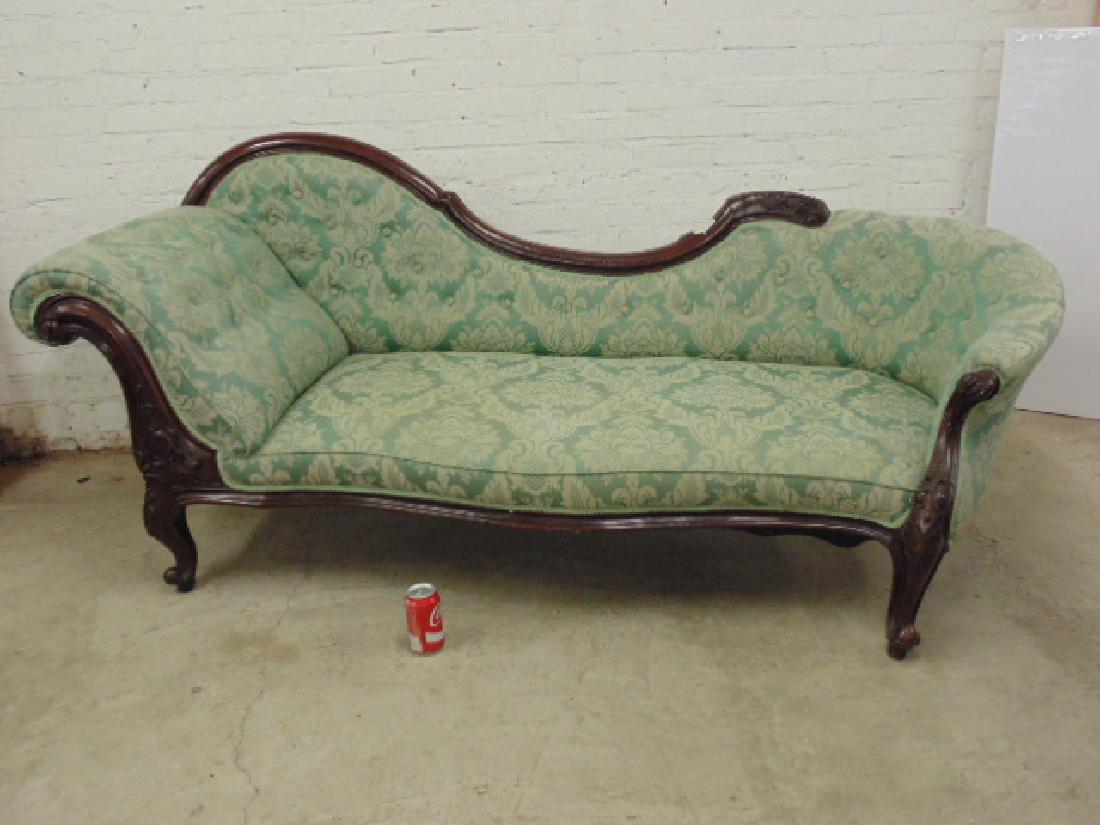 Victorian Recamier, chaise, mahogany: Victorian Recamier, chaise, carved mahogany frame, green upholstery with floral pattern, carved detail on frame, 80" long, 28" deep & 33" tall. Please refer to images for additional information, all i