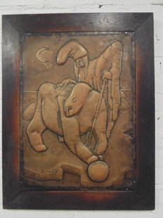 Copper relief, figure with animal, Paul Lobel 1927: Copper relief, figure with animal (bear?), signed Paul Lobel 1927, arts &n crafts style, plaque is 23.75" by 17, in oak frame. Please refer to images for additional information, all items are sold