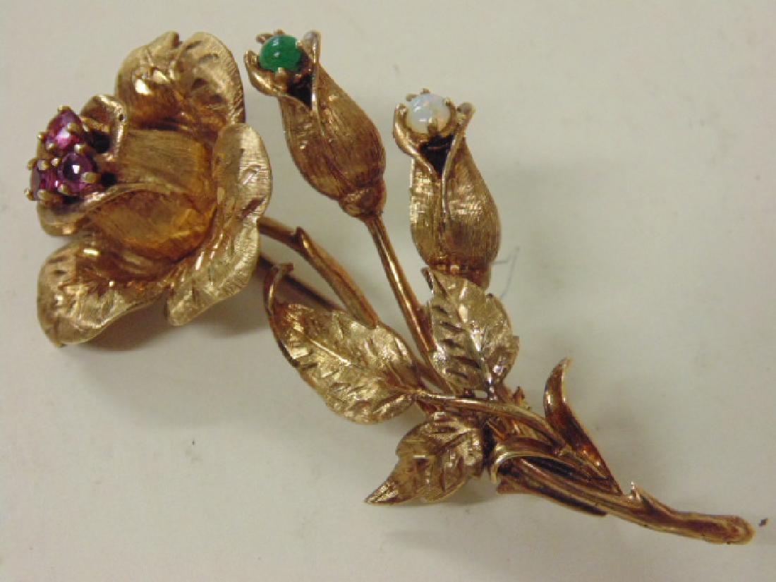14K gold floral pin, brooch with gemstones. (1 of 5)