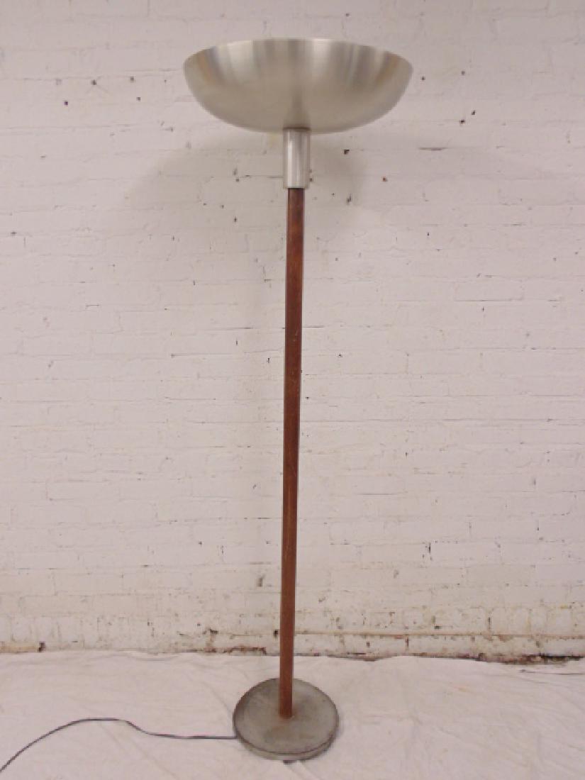 Mid Century floor lamp, Russel Wright style: Mid Century floor lamp, Russel Wright style, wood pole, aluminum base & shade, height is 65"