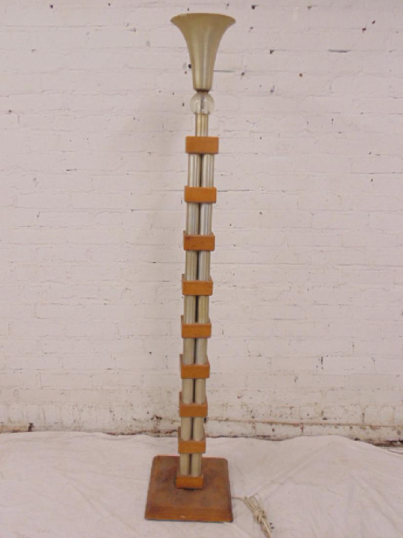 Mid Century floor lamp, tubular aluminum & wood: Mid Century floor lamp, tubular aluminum & wood construction, aluminum top, glass ball, wood base, height is 61"