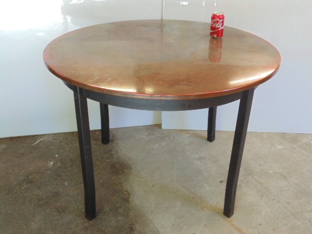 Round, copper top table, metal legs, base, 42" diameter (1 of 4)