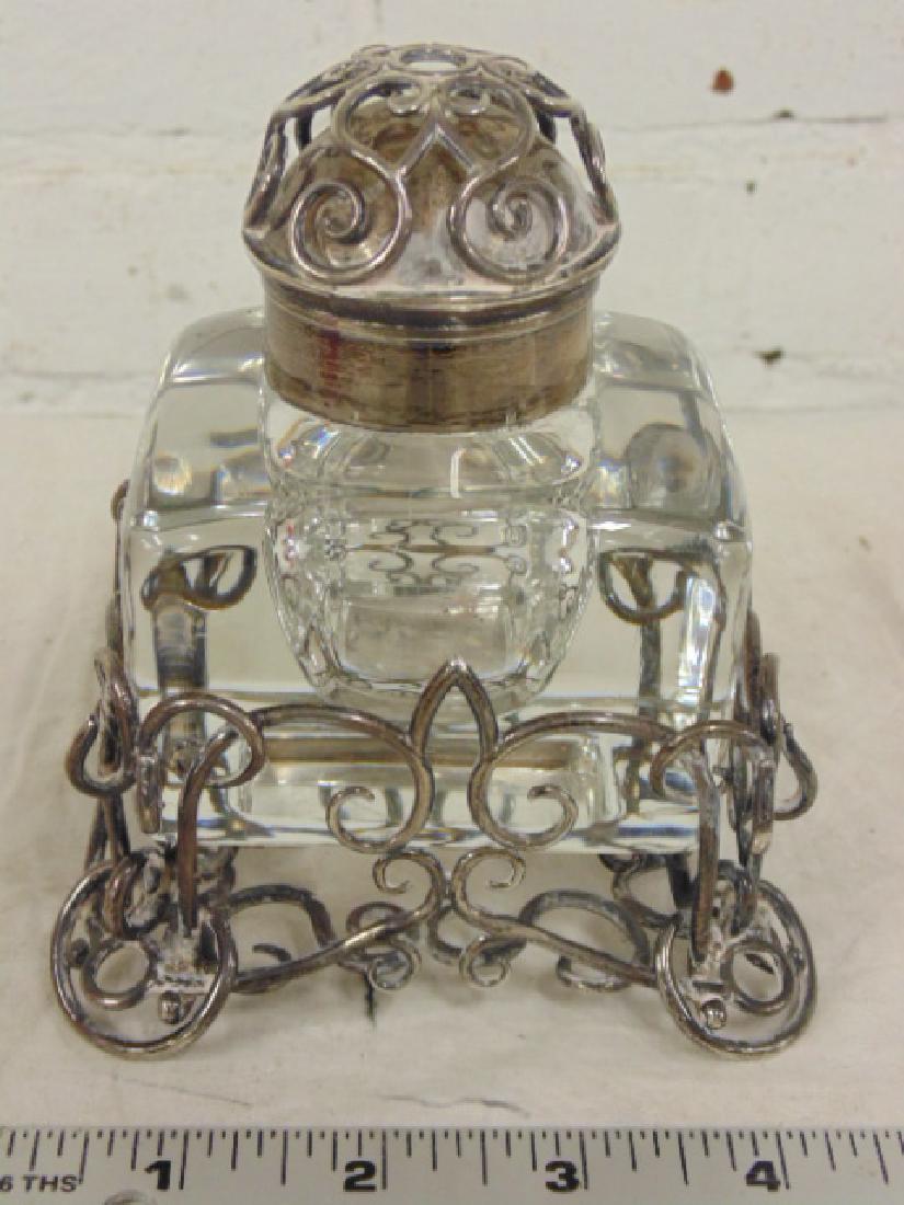 Antique English Sterling & Glass Inkwell W. Thornhill: Antique English Sterling & Glass Inkwell, W. Thornhill & Co, set within decorative scrollwork stand incised "Sans Dieu Rien" at front, the lid with British sterling lion passant and hallmarks indicati