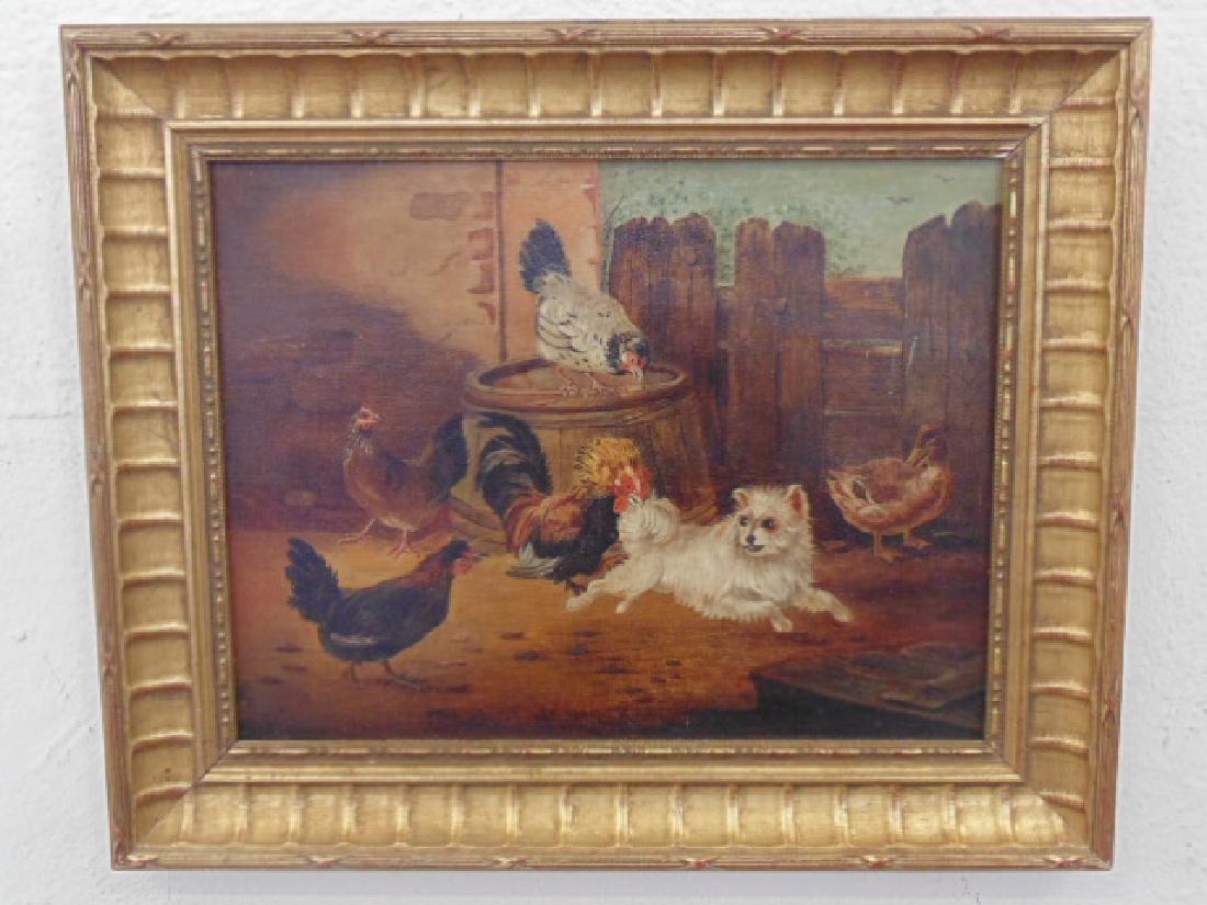 Painting, oil canvas, chickens, dogs (1 of 5)