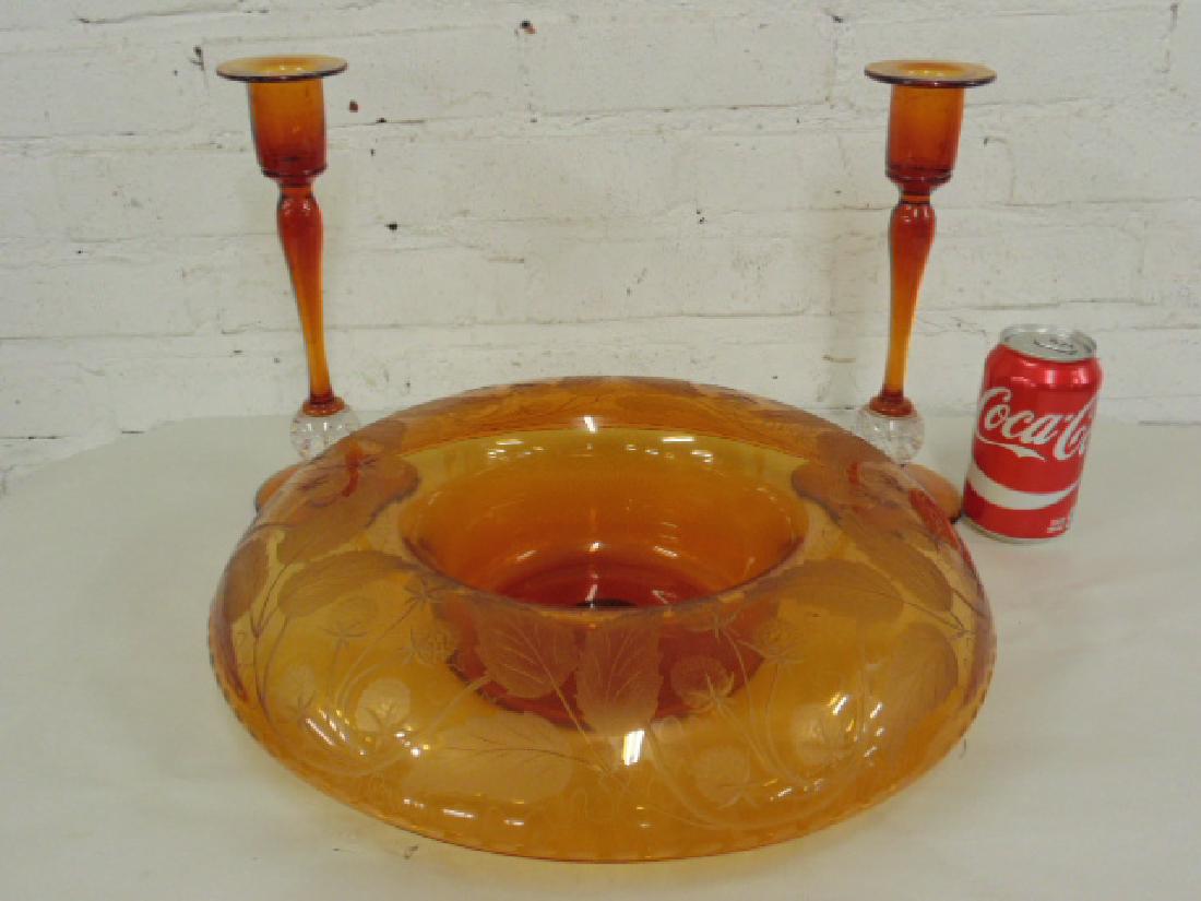 Cut amber glass bowl & candle sticks (1 of 6)