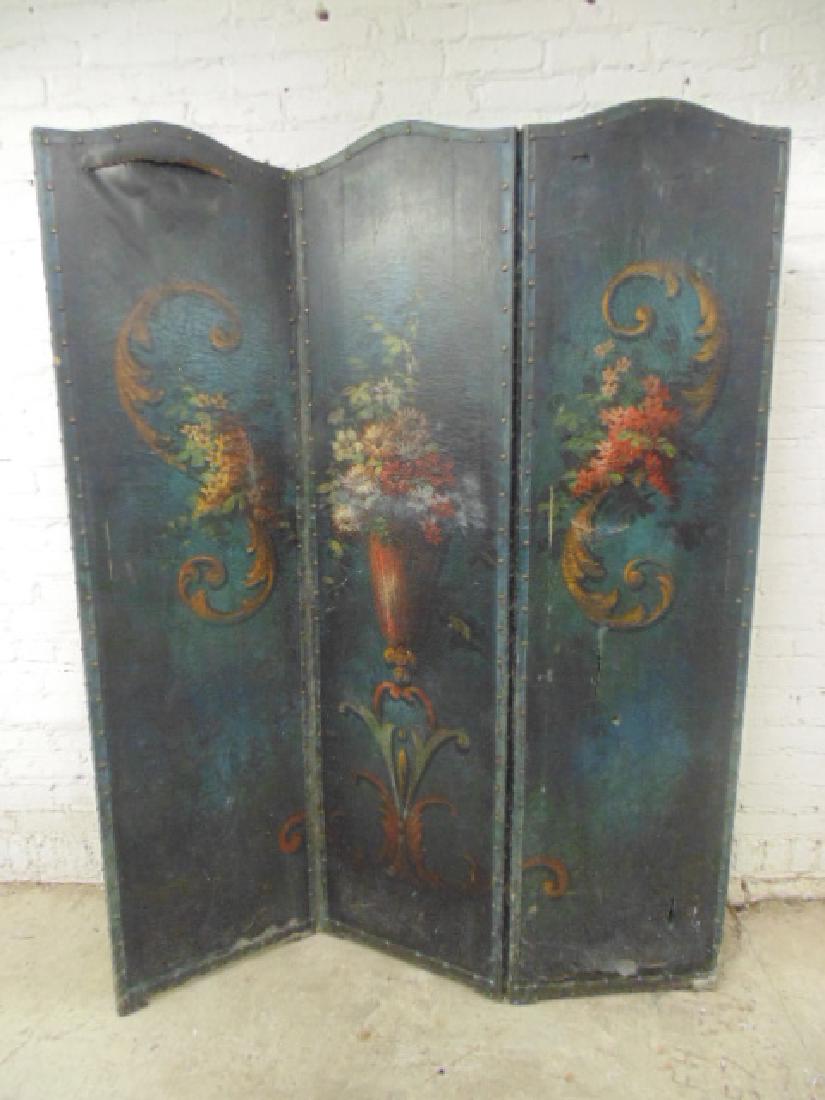 Paint decorated 3 panel leather screen, (1 of 7)