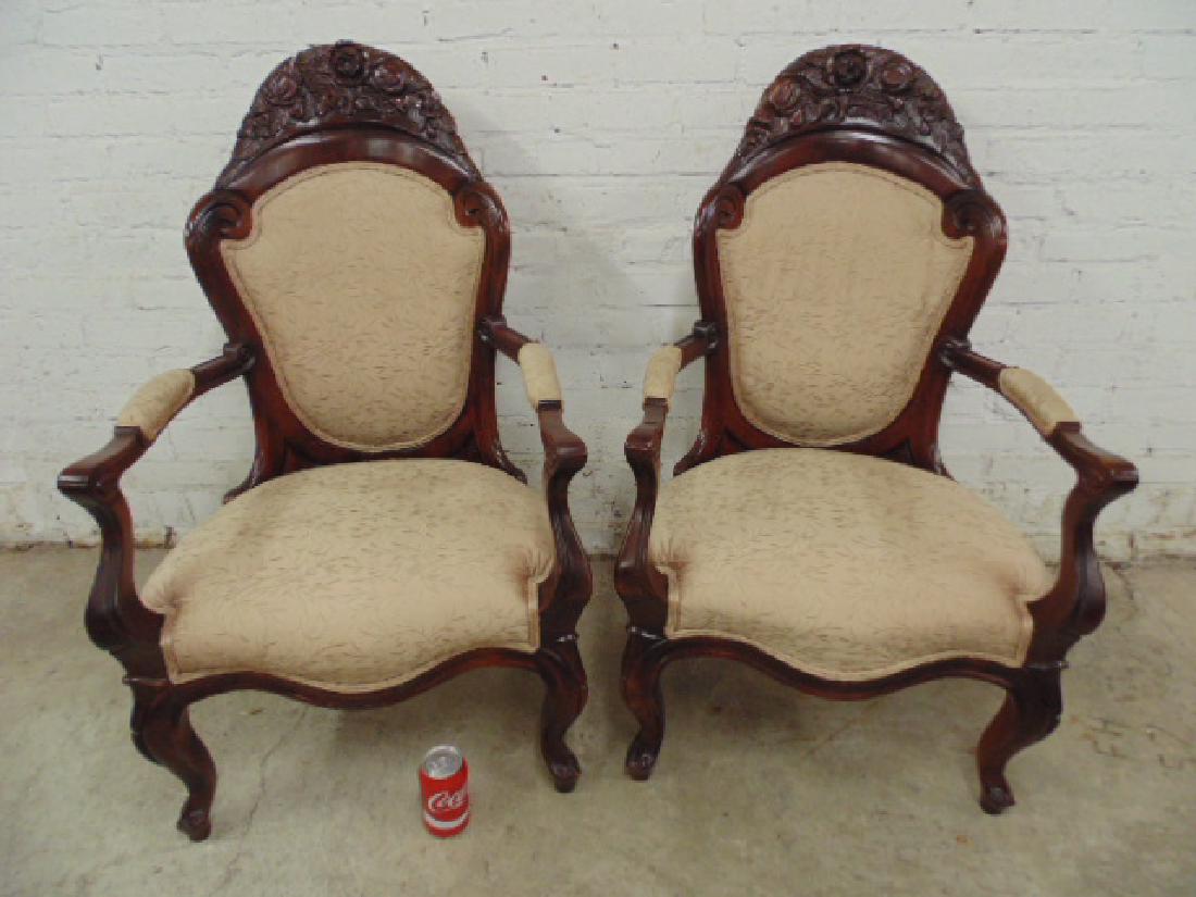 Pair armchairs, carved, curved backs, floral carvings (1 of 6)