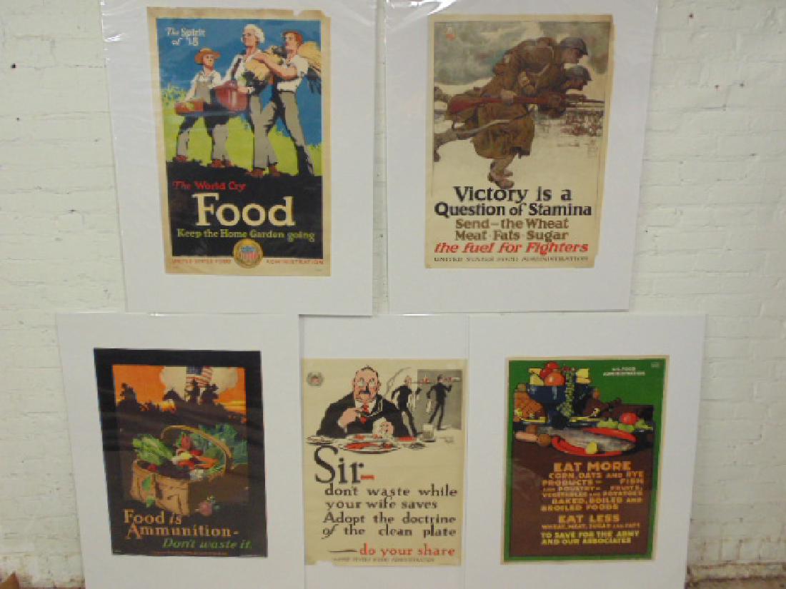 5 WW1 US Food Administration propaganda posters,: 5 WW1 US Food Administration propaganda posters, including "Victory is a question of Stamina", "The World cry Food, keep the home garden going", "Eat more Corn, oats and Rye products...eat less wheat,