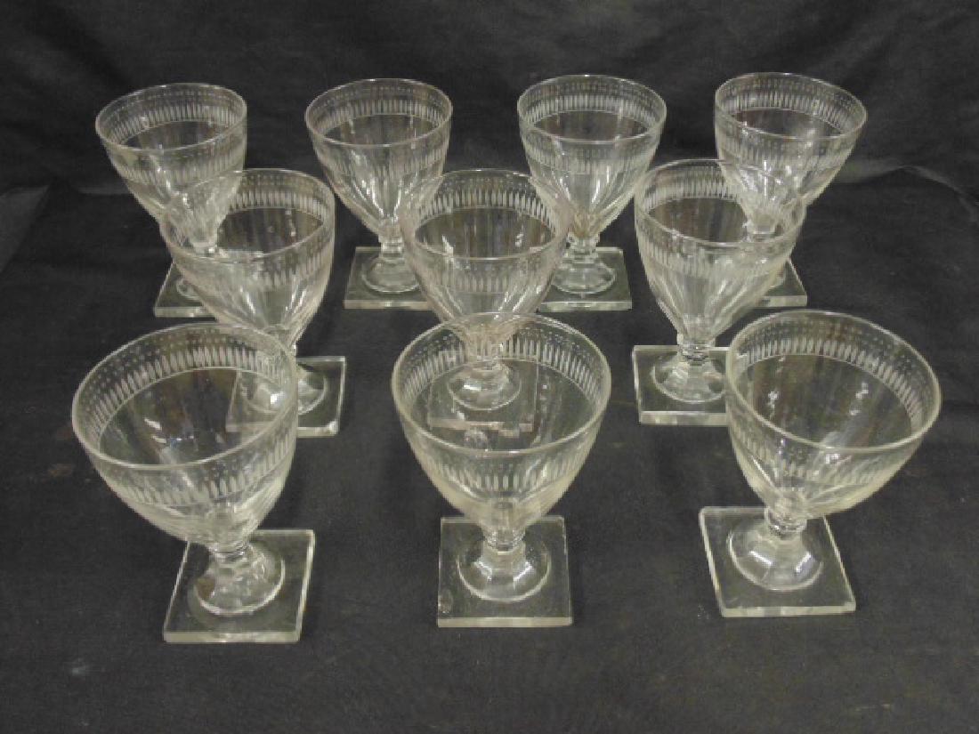 10 cut glass goblets, etched rim, square bases (1 of 5)
