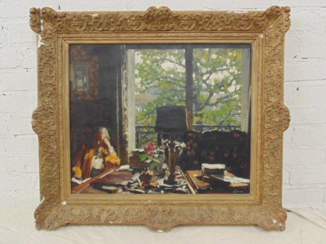 Painting, French, figure reading by desk, signed Joran, (1 of 6)