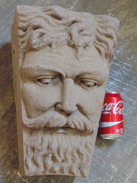 Carved sandstone key stone, figure, face bearded man (1 of 4)