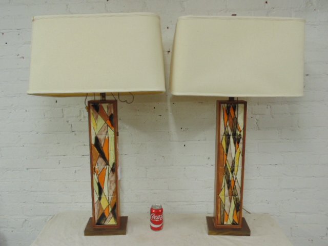 Pair mid Century wood & tile table lamps, copper bases, (1 of 5)