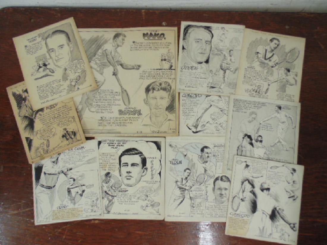 Lot 1930's tennis player illustrations by Phil Berube: Lot 1930's tennis player illustrations by Phil Berube,, including von Cramm, big Bill Tilden, Fred Perry & more, various sizes. Please refer to images for general condition issues, all items are sold 