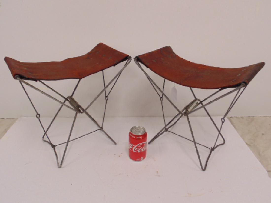 Pair 1940's  French steel wire, leather stools (1 of 5)