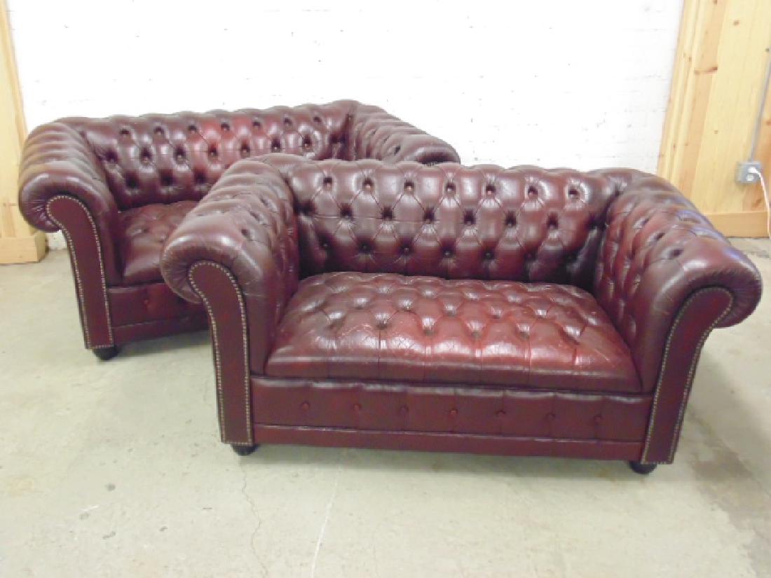 Pair leather Chesterfield loveseats, burgundy (1 of 5)