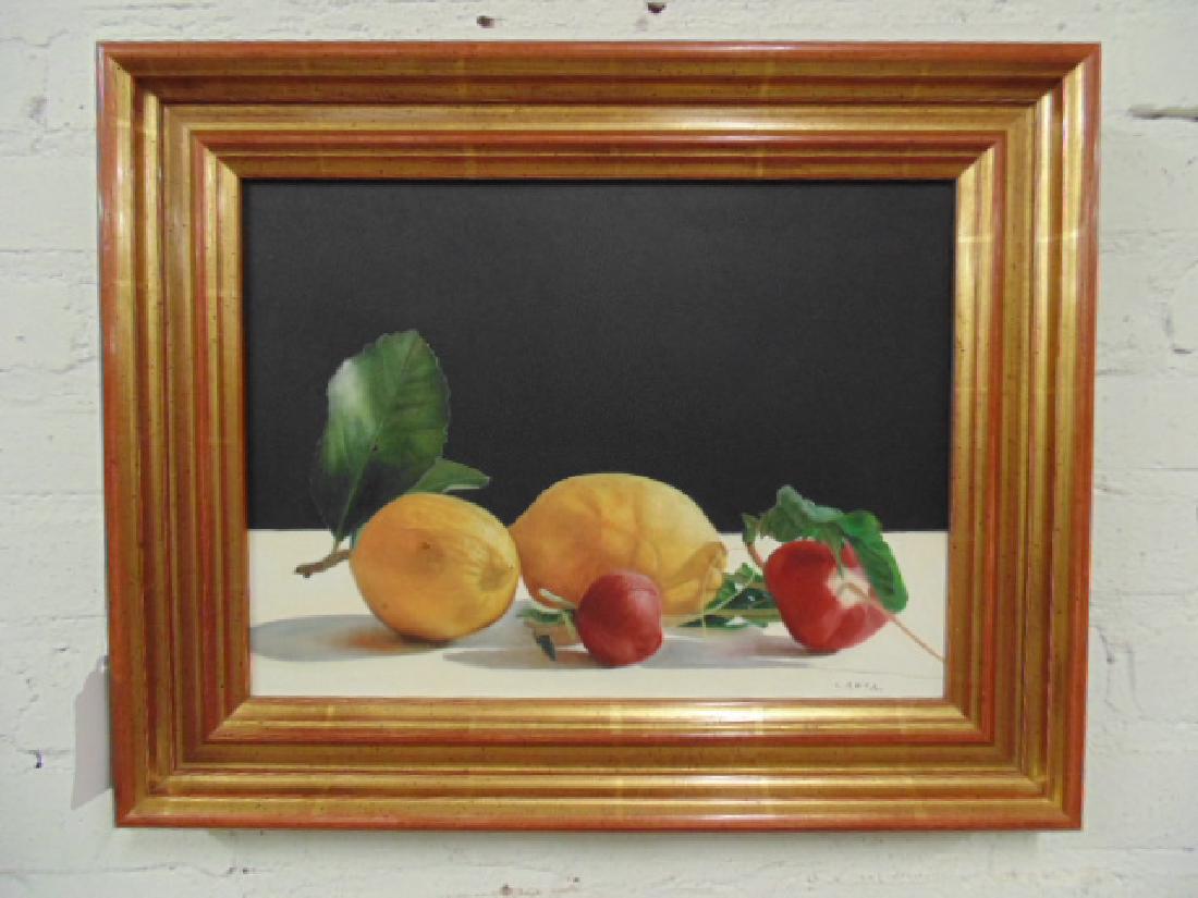 Painting, stillife with fruit, lemons, Giuseppe Carta: Oil canvas, painting, stillife with fruit, lemons, signed (Giuseppe) Carta, 11.25" by 15.25" Please refer to images for general condition issues, all items are sold in as is, as found condition, some 