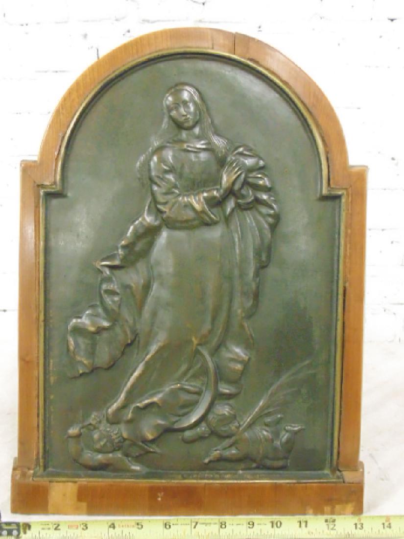 Bronze plaque, woman ascending to heaven: Bronze plaque, woman (Mary ?) ascending to heaven, cherubs, mounted on wood stand, from the castle of Emperor Franz Joseph 1st of Austria, plaque is 16.5" by 12" (bronze only) Please refer to images f