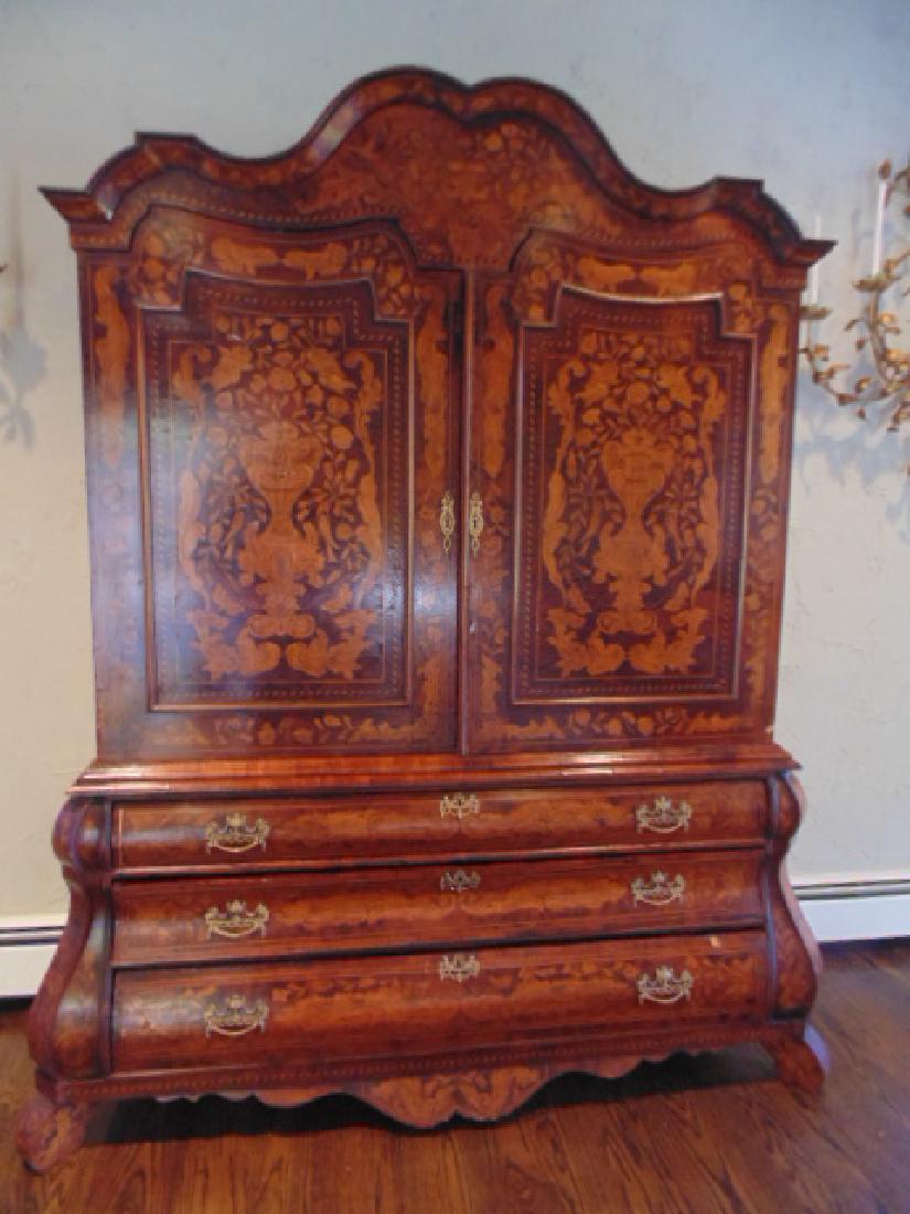 Dutch marquetry inlaid cabinet, bombe base (1 of 7)