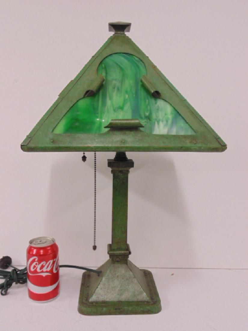 Arts & crafts panel lamp green patina, 4 sided shade (1 of 7)