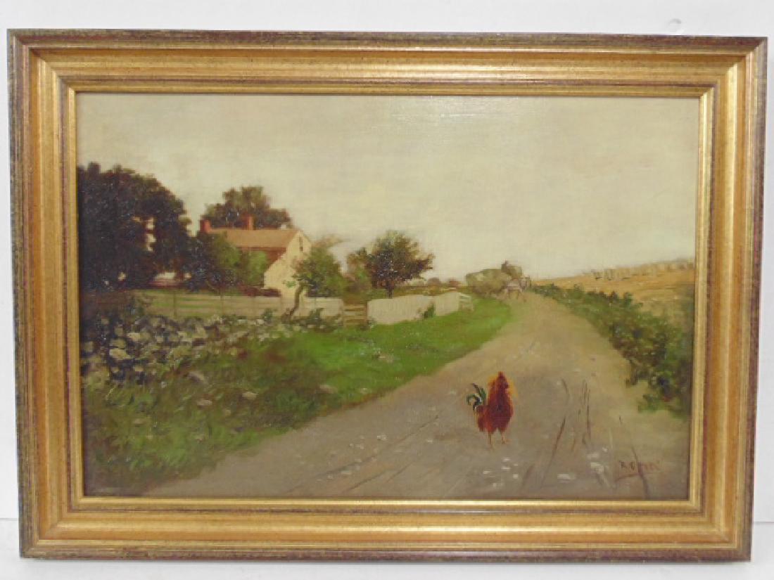 Painting, chicken, rooster on country road, R. Corti (1 of 6)