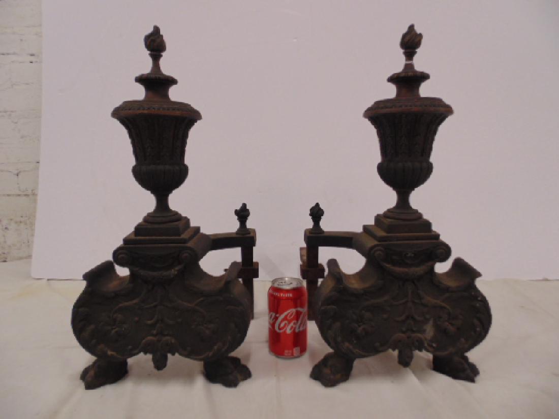 Pair bronze andirons, urn form, claw feet (1 of 6)