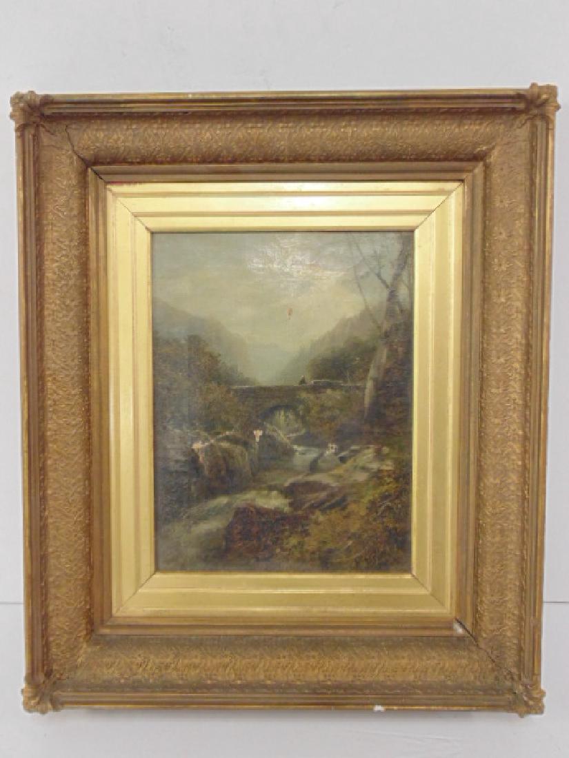 Painting, figure on bridge over stream, David Bates: Oil on canvas, figure on bridge over stream, signed David Bates, some damage, needs restoration, gilt frame, 15.5" by 12.5". All items sold as is, all sales final, contact us if you need more informat