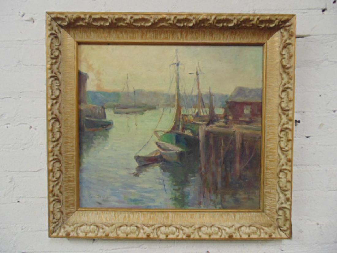 Painting, boats in harbor, signed Caroline M. Bell (1 of 5)