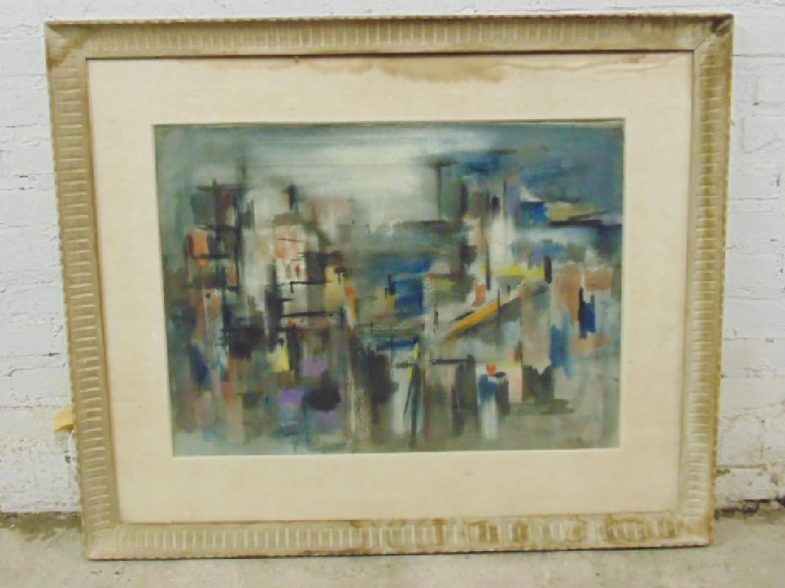 Watercolor, abstract, signed Michael Loew, 1955: Watercolor, painting, abstract, signed Michael Loew, 1955, matting has water damage, paper is ok, needs reframing, 21" by 29" (art only)