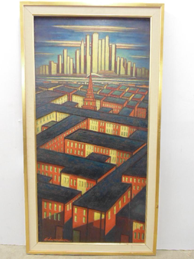 Painting, by Larry Edwardson, City mazelike rooftops, (1 of 8)