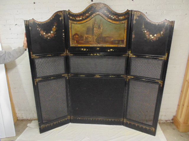 3 panel caned & paper mache paint decorated screen (1 of 10)