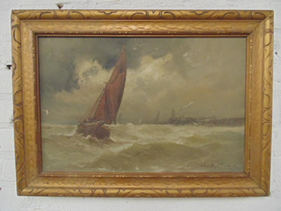 Painting, sailboat off the coast, lighthouse,  Joseph (1 of 5)