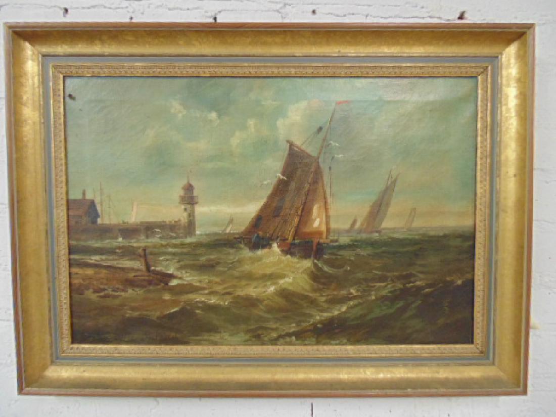 Painting, sailboat leaving harbor, lighthouse,  Leyster (1 of 6)