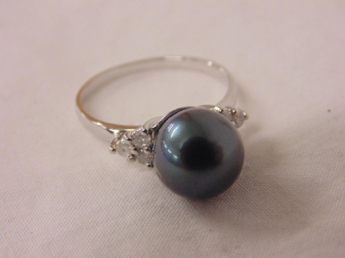 Black cultured Tahitian pearl ring w/ 3 small diamonds (1 of 4)